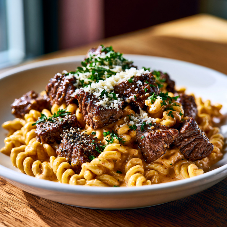 Garlic Butter Steak Bites with Spicy Cajun Alfredo Twisted Pasta