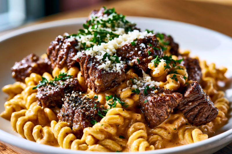 Garlic Butter Steak Bites with Spicy Cajun Alfredo Twisted Pasta