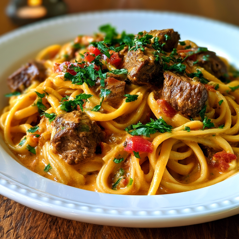 Cajun Beef Linguine in Velveeta Parmesan Garlic Sauce