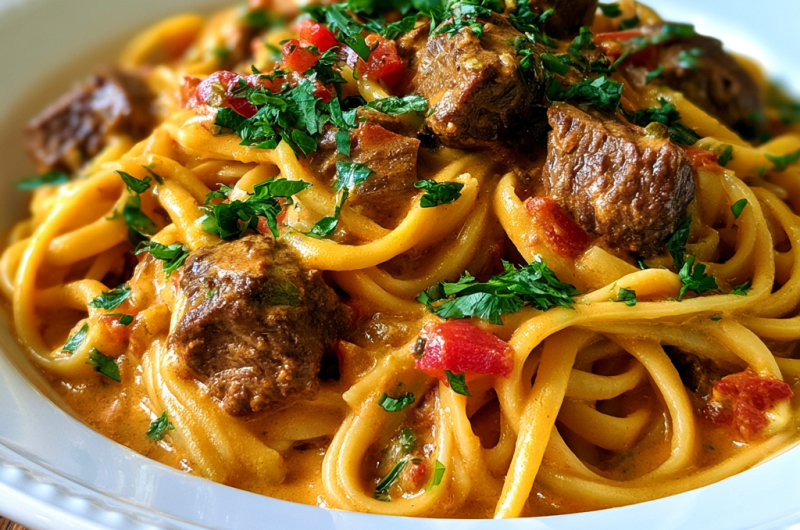 Cajun Beef Linguine in Velveeta Parmesan Garlic Sauce