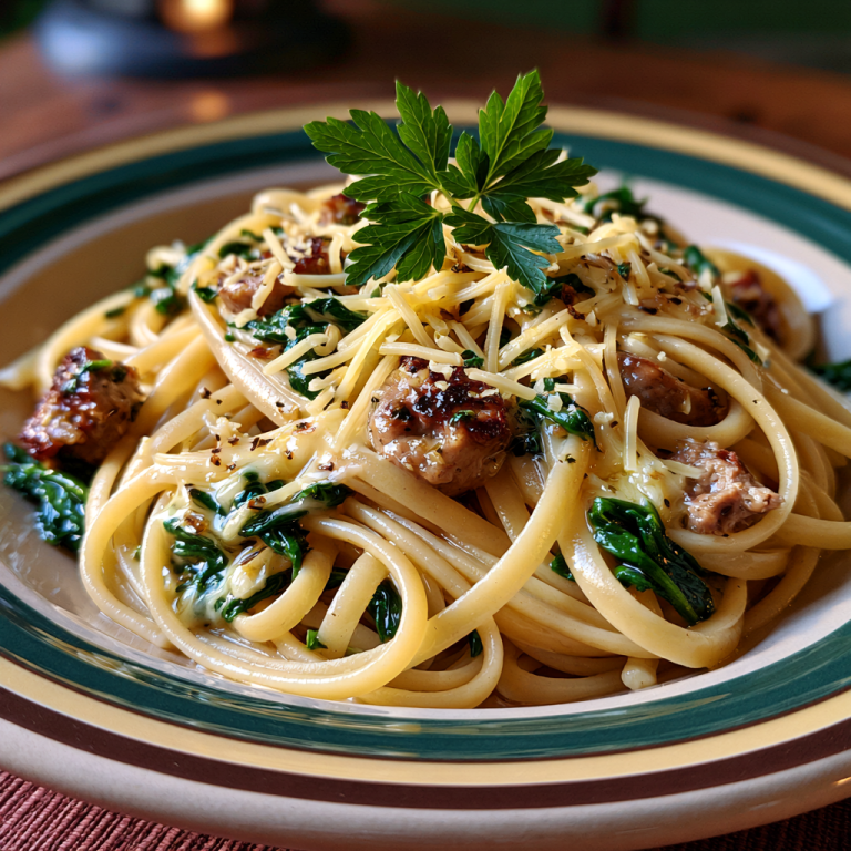 Cheesy garlic butter linguine with beef sausage and spinach