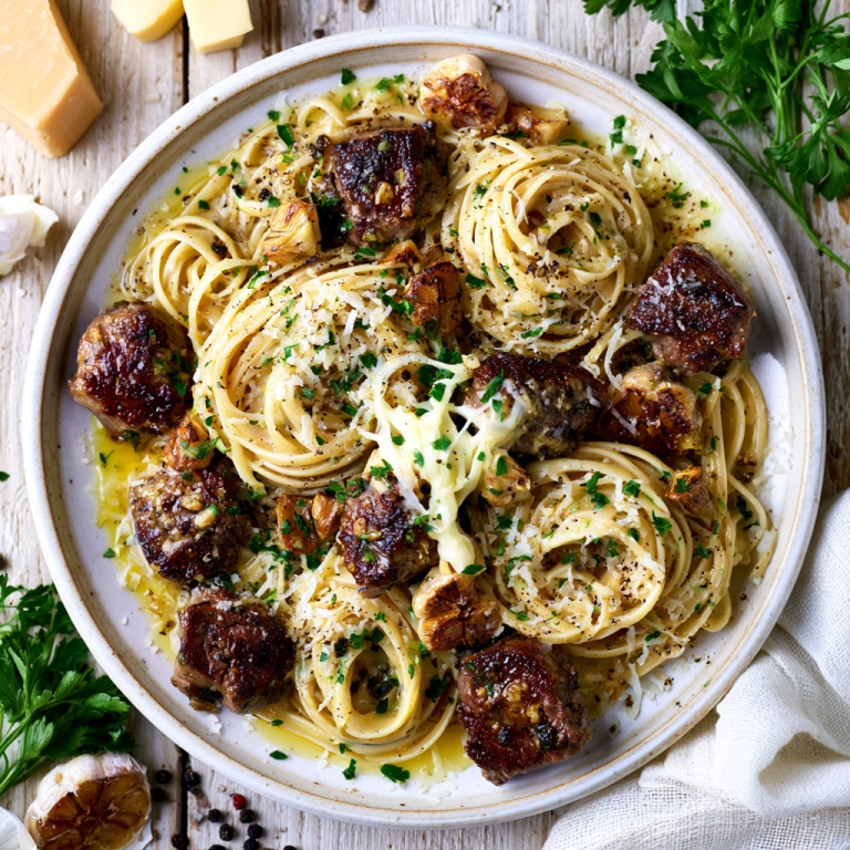 Cheesy Garlic Steak Bites Over Creamy Linguine Pasta
