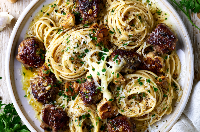 Cheesy Garlic Steak Bites Over Creamy Linguine Pasta