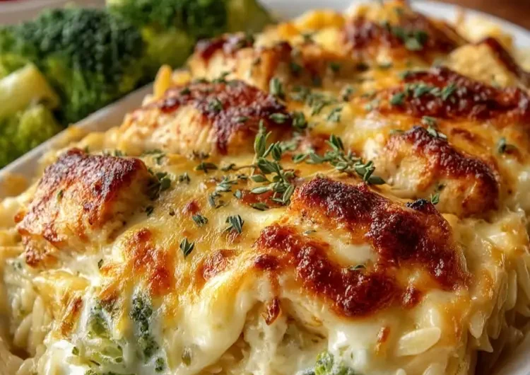 Creamy Cheesy Chicken Broccoli Orzo Bake