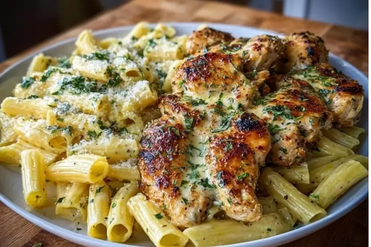 Creamy Garlic Parmesan Chicken with Cheesy Penne Pasta