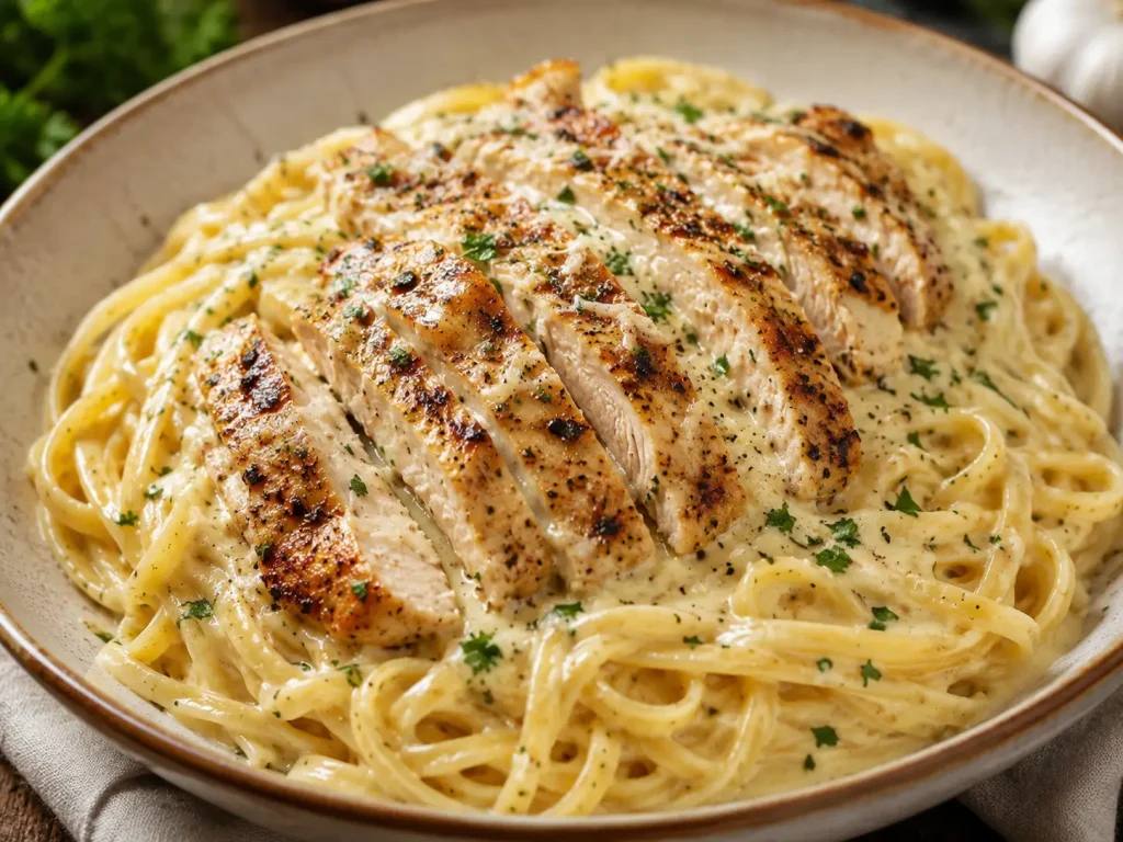 Creamy Garlic Parmesan Chicken with Cheesy Linguine