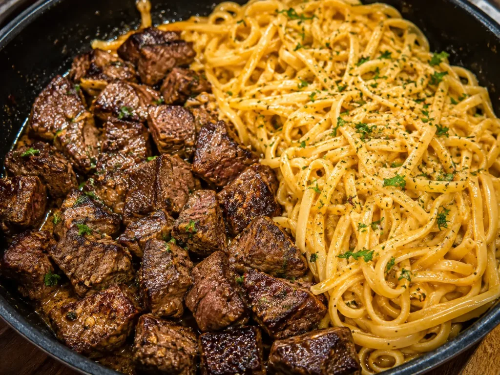 One-Pan Steak Bites & Cheesy Garlic Butter Noodles